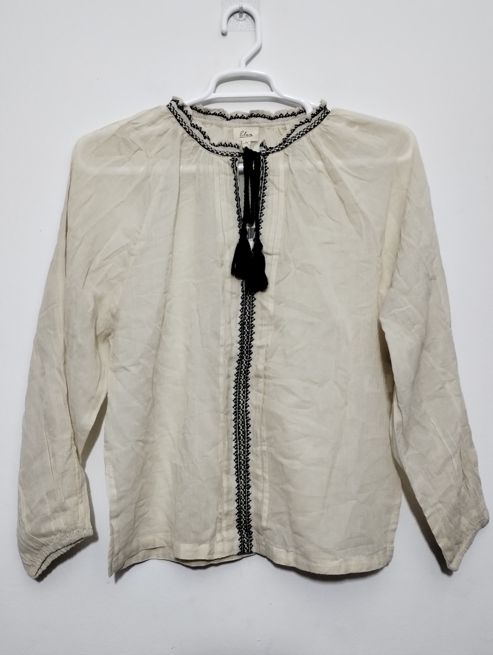 Elan Tassel-Front Peasant Blouse Cotton Women's M Embroidered Boho